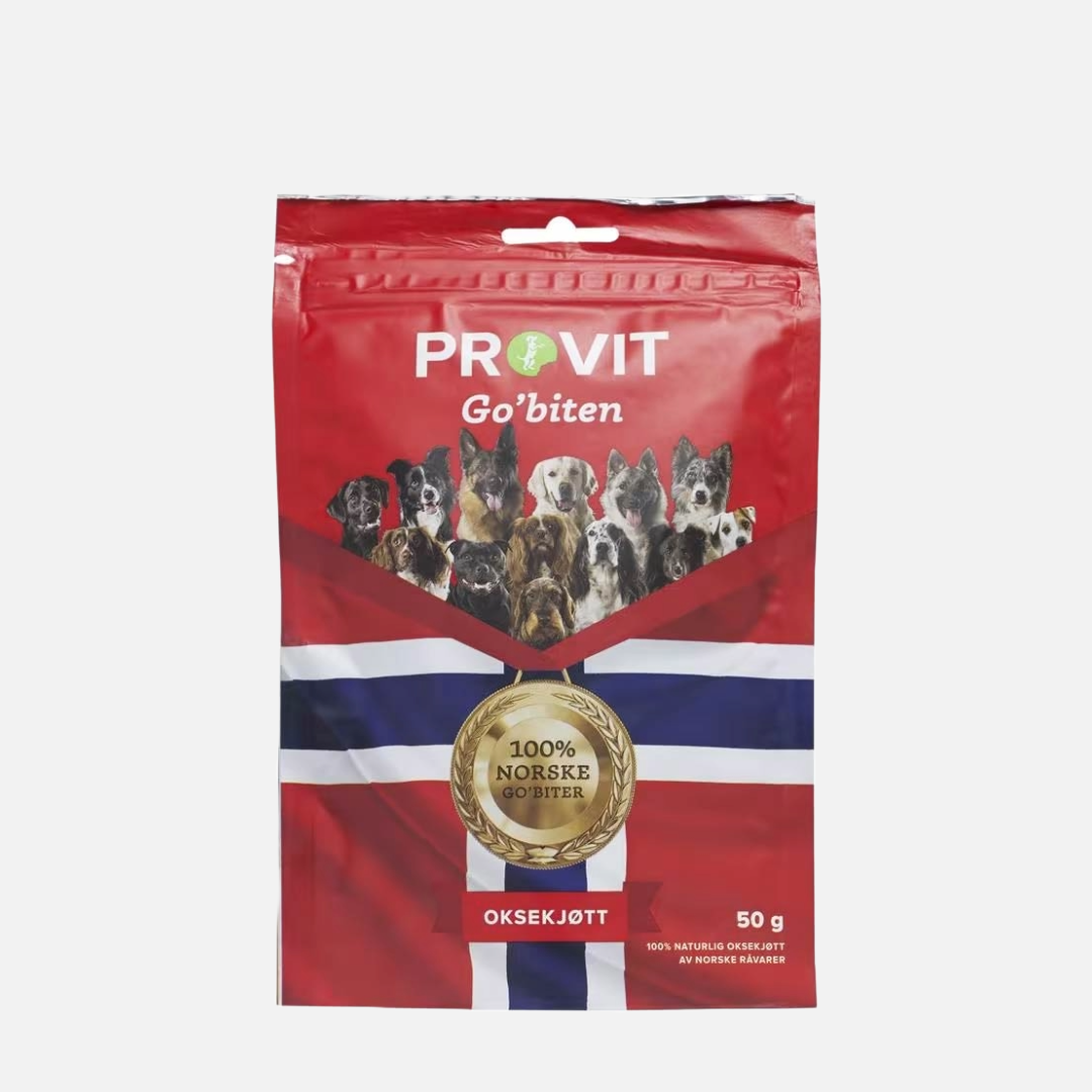 Provit Godbiten er rene, norske naturprodukter uten noen form for tilsetninger. Dette gir trygge og naturlige godbiter til kos, trening og belønning av hunden. Go’biten Oksekjøtt er produsert av norsk okse og frysetørket. Frysetørking bevarer råvarens kvalitet, smak, næringsinnhold, mineraler og vitaminer.&nbsp;

Høy smakelighet og lukt av oksekjøtt gir motiverte hunder. Dette er en godbit hunden virkelig vil jobbe for. Go’biten passer derfor ypperlig i innlæring og trening av hund på alle nivåer. 